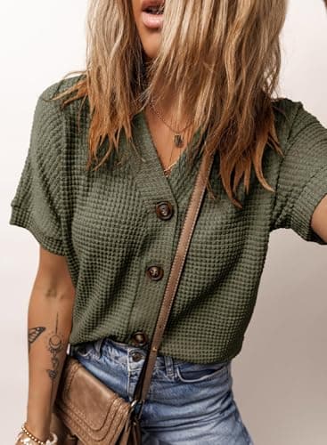 Dokotoo Button Up Tops for Women Trendy Fashion 2024 Waffle Knit Green Blouse Dressy Casual V Neck Tee Top Loose Fit Boyfriends Jacket Short Sleeve Solid Color Cute Summer Shirts Small - Thumbnail 3