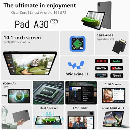 Android 16 Tablet, 10 Inch Tablet with Keyboard, Octa-Core, 24GB RAM 64GB ROM 2TB Expand, 2 in 1 Tablets with Gemini AI, 6000mAh, WiFi, Widevine L1, GMS, Tablets PC with Case, Mouse, Stylus (Black) - Thumbnail 3