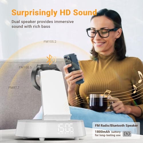 Alarm Clocks for Bedrooms with Wireless Charging Station, iPhone Charging Station with Dimmable Night Light Bluetooth Speaker, Wireless Charger for iPhone 17 16 15 14 13 12 Pro Max, Apple Watch 11 - Thumbnail 3