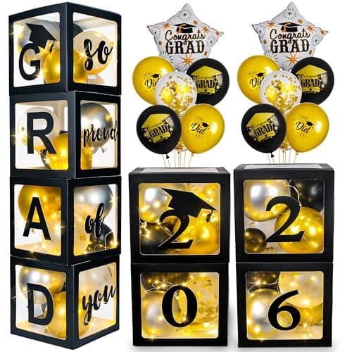 AYGXU Graduation Decorations 2026-Graduation Party Decorations,Graduation Balloons Boxes(4PCS) with LED Light Strings & Letters 2026 GRAD So Proud of You,Party Favors For Any Grades Class. - Image 1
