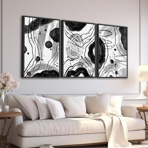 Large Framed Abstract Wall Art - Black and White Wall Decor 24"x36" Set of 3 Modern Geometric Wall Art Prints Minimalist Dots Lines Painting Canvas Pictures for Living Room Bedroom Bathroom - Image 1