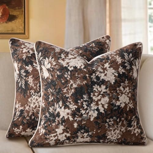 Haguko Pack of 2 Vintage Floral Throw Pillow Covers 20x20 Tapestry Chenille Soft Decorative Farmhouse Square Accent Pillow Cases for Couch Bedroom Living Room Home Decor, Coffee Brown - Image 1