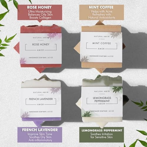 Natural Amor Handmade Soap Bar Set (4 Pack), Cold Process, Natural Ingredients Gift Box for Women, Moisturizing Body & Face Bars, Spa Self Care Gift - Thumbnail 3