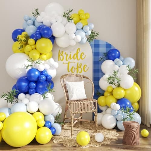 Blue and Yellow Balloon Arch Kit, 124Pcs Lemon Balloon Arch Kit with Royal Blue Light Blue Yellow White Balloons for Mediterranean Themed Birthday Wedding Bridal Shower Anniversary Party Decorations - Image 1