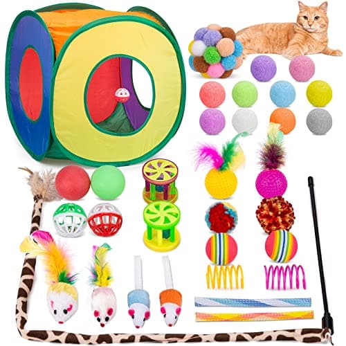 Retro Shaw Cat Toys Pack 33 Pcs, Interactive Kitten Toys for Indoor Cats Kitty with Collapsible Play Tunnel Tent, Feather Teaser Wand Bell Balls Springs Mouse Toys for Boredom Relief & Exercise