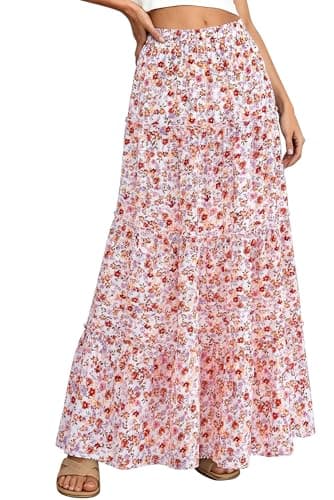BTFBM Floral Maxi Skirts for Women Summer Spring 2026 Elastic Waist Tiered Flowy Beach Vacation Boho Midi Long Skirt(Floral White Orange, Medium) - Image 1