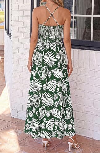 BTFBM Summer Dresses for Women 2026 Spring Floral Spaghetti Strap Smocked Cutout Maxi Dress Resort Beach Vacation Outfit(Leaves Green, Medium) - Thumbnail 3