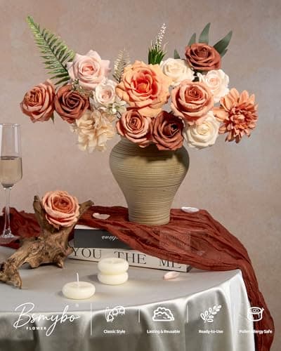 BSMYBO Artificial Flowers Combo Terracotta Flowers Mix Silk Fall Flowers Dahlia Roses with Stems for Wedding Bridal Bouquets, Baby Shower, Floral Arrangement, Table Centerpieces, Home Decorations - Thumbnail 5