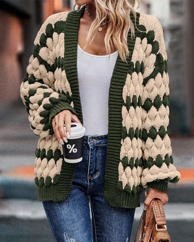 KIRUNDO Women Cardigan Oversized Puff Sleeve Open Front Striped Color Block Cable Knitted Cardigans Fashion Chunky Winter Sweater Coats Fall Clothes 2026(Army Green, Medium) - Thumbnail 3
