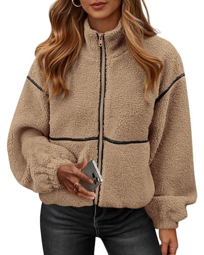 KIRUNDO Sherpa Jacket Women Fleece Oversized Zip Up Winter Coats Fall Jackets Faux Fur Warm Outwear 2026 Fashion Clothing(Khaki, Medium) - Image 1