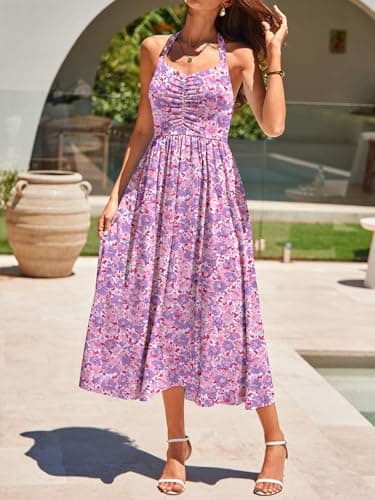 YIOYOLA Sundress for Women Casual Summer Party Beach Vacation Dress Teen Stretchy Halter Wedding Guest Cottage Core Midi Milkmaid Dresses(YYL641-Purple Red F 01,L) - Thumbnail 4