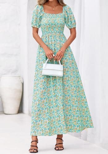 BTFBM Spring Summer Dresses for Women 2026 Puff Short Sleeve Smocked Floral Print Boho Beach Wedding Guest Maxi Dress(Light Green Flower, Small) - Thumbnail 2