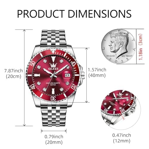 OLEVS Watch Men Luxury Dress Stainless Steel Red Face Wrist Watches for Men Analog Quartz Waterproof Fancy Fashion Diamond Mens Watch Relojes para Hombres - Thumbnail 3