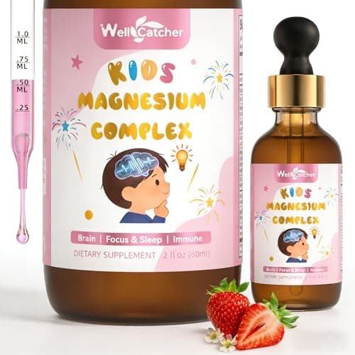 Liquid Magnesium Complex for Kids: Magnesium Glycinate Drops with Citrate Taurate Vitamin D3 B6 Ca Zinc Algal Oil Supports Calm Sleep Focus Immune Bone Health for Children, Non-GMO Strawberry Flavor - Image 1