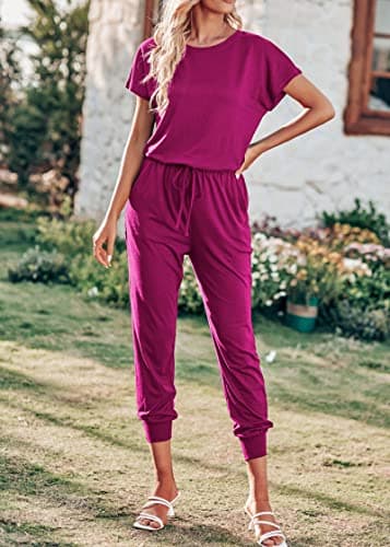KIRUNDO Jumpsuits for Women Summer 2026 Casual Short Sleeve One Piece Outfits Drawstring Waist Long Pants Romper Jumpers(Purple Red, Medium) - Thumbnail 5