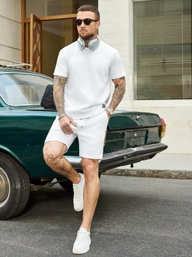 JEMLDL Mens 2 Piece Set Short Sleeve T-Shirt Shorts Summer Jacquard White Outfits Casual Lounge Wear Spring Clothes XL - Thumbnail 5