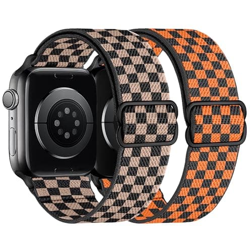 XSMDAJDTXZ 2 Pack Stretchy Solo Loop Compatible with Apple Watch Band 40mm 41mm 44mm 45mm 46mm 49mm 38mm 42mm Women Men, Sport Nylon Elastic Straps Braided Wristbands for iphone Watch Series 11 10 9 8 7 6 5 4 3 Ultra SE (blackrose/orange, 38mm/40mm/41mm/42mm(Series 10)) - Image 1