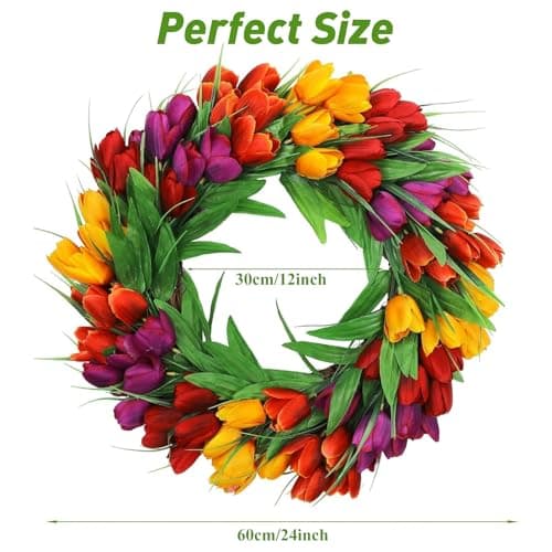 U'Artlines 24 Inch Tulip Wreath for Front Door, Spring Summer Silk Wreath with Green Leaves Artificial Tulip Flower Wreaths for All Seasons Window Wall Wedding Valentines Day Decor - Thumbnail 5