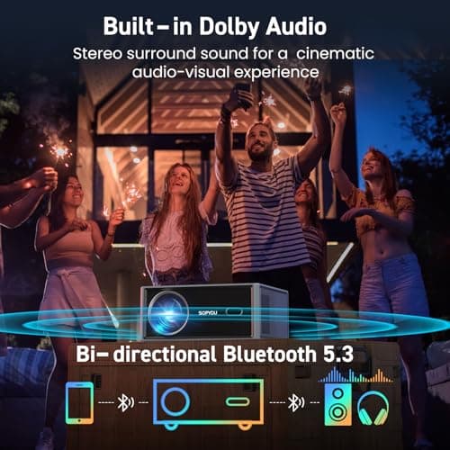 SOPYPOU Smart Projector with WiFi and Bluetooth, Netflix Included, 1080P & 4K Support, Short Throw 1.1:1 for Bedroom, Dorm & Apartment, Dolby Audio, E-Focus, Pre-installed YouTube, Prime Video Apps - Thumbnail 4