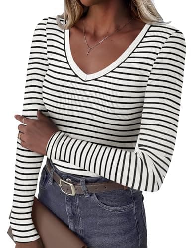 GKBK Womens 3/4 Sleeve Scoop Neck Tops Ribbed Knit Slim Fitted Casual Basic Tee Shirts 2026 Fall Summer Fashion Trendy Work Casual T-Shirt Undershirts Layering Clothes White Black Stripe XL - Image 1