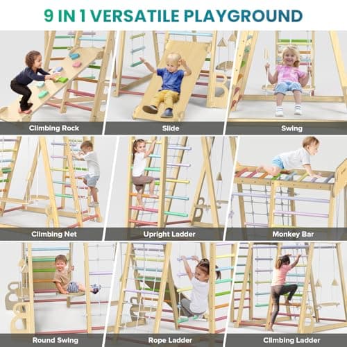 Upgraded Indoor Playground 9-in-1 Jungle Gym Kids Climbing Toys, Montessori Philosophy Waldorf Style Wooden Climber Playset with Slide, Swing, Monkey Bars, Upright/Rope Ladder, Climb Net, Rainbow - Thumbnail 3