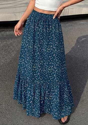 BTFBM Womens Boho Maxi Skirt 2026 Summer Floral High Waisted Flowy Tiered Long Spring Beach Vacation Skirts Pockets(Blue, XX-Large) - Thumbnail 2
