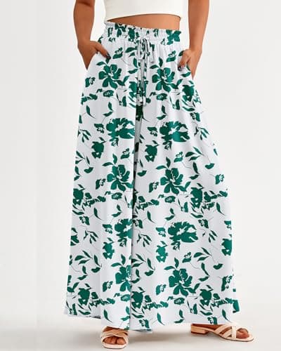 BTFBM Women Casual High Waist Wide Leg Pants 2026 Spring Summer Long Palazzo Pants Pocket Lounge Beach Vacation Clothes(Print Green, Small) - Thumbnail 2