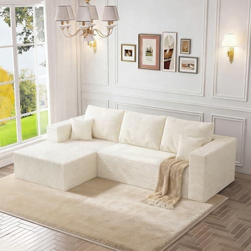108" Cloud Couch Sectional, L-Shaped Boneless Couches for Living Room, Corduroy Modular Sectional Sofa with Deep Seats & Chaise, No-Assembly - Beige - Image 1