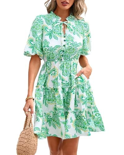 BTFBM Women Summer Floral Short Dresses V Neck Short Sleeve Tiered Ruffle Boho Swing Dress A-Line Mini Dresses(Floral White Green,Large) - Image 1