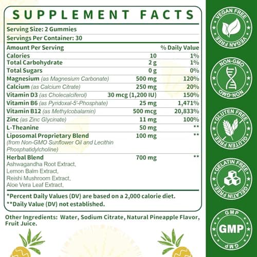 Liposomal Magnesium Complex Gummies for Teens & Adults | Ashwagandha, L-Theanine, Lemon Balm & Vitamin D3,B12 |Nerve, Relax & Muscle & Zzz Support | Melatonin-Free, Sugar-Free Pineapple Flavor 60Cts - Thumbnail 2