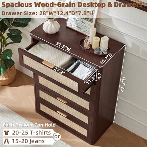 LEYAOYAO Rattan Dresser for Bedroom 41" Tall Chest of Drawers, Modern 5 Drawers Boho Dressers with Storage, Light Oak Dresser Wooden Closet Organizer for Living Room, Hallway, Retro Walnut - Thumbnail 2