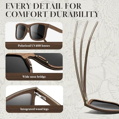 SUNGAIT Brown/Black Oak Wood Polarized Sunglasses Classic Retro Square Shades for Men Women Driving Gifts (Brown Oak Frame/Grey Lens) - Thumbnail 4