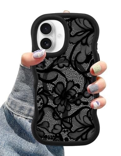 Aitipy Magnetic Case for iPhone 16, Compatible with MagSafe, Cute Black Lace Flower Aesthetic Soft Silicone Curly Wavy Shockproof Protective Phone Cover for Women Girls - Image 1