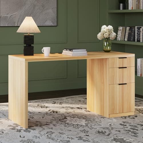 FURSUN 58" Home Office Desk with Power Outlet & File Cabinet, Modern Fluted Executive Desk with 3 Storage Drawers, Large Computer Workstation for Study & Bedroom, Oak - Image 1