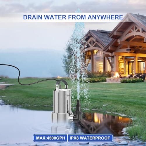 SHANGDA Sump Pump 1.5HP Submersible Water Pump 4500GPH Stainless Steel Electric Clean/Dirty Water Draining Transfer Pumps with Adapters for Pool Hot Tub Pond - Thumbnail 2