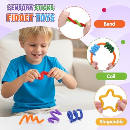 FunisFun Sensory Sticks Fidget Toys for Adults Stress Relief, 8 Pack Silicone Twisting Quiet Sensory Toys for Kids Autism ADHD Calm Down Corner Supplies (Multicolor-1) - Thumbnail 3