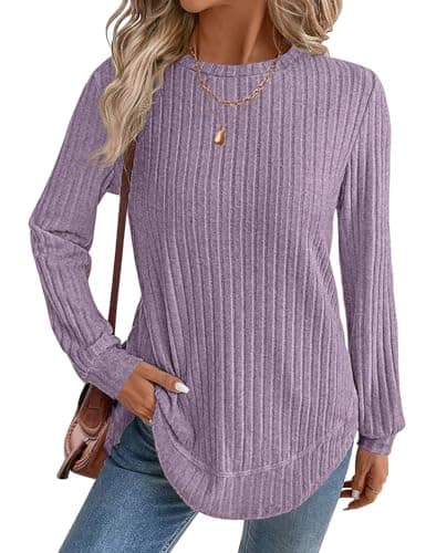 Long Sleeve Sweaters for Women Crew Neck Casual Fall Tops Loose Fit Lightweight Tunic Shirts Fashion 2025 Clothes (Purple, XX-Large) - Image 1