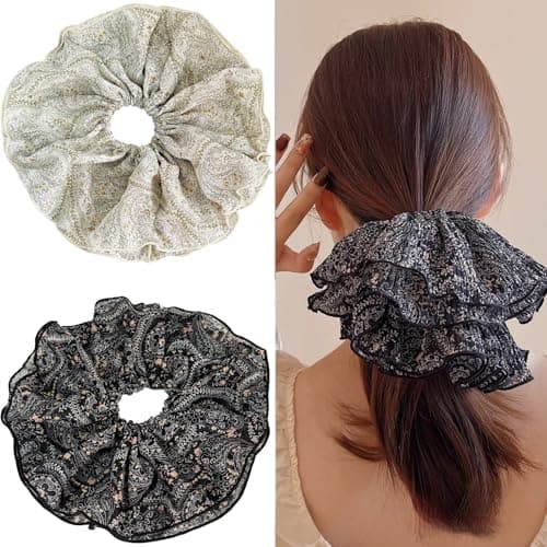 Jseng 2PCS Extra Large Scrunchies for Hair, Boho Floral Hair Ties, Beige and Black