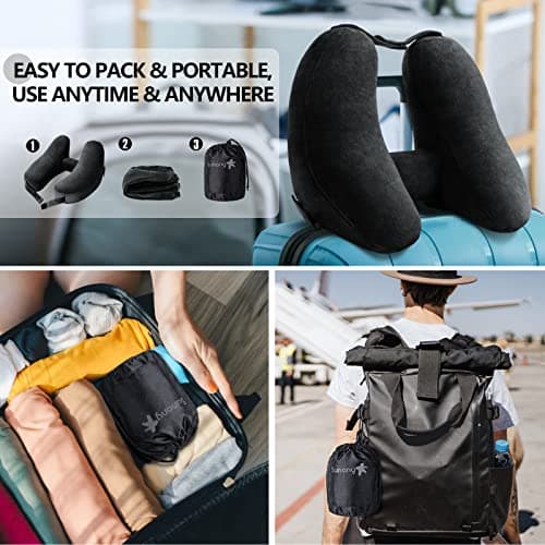 Sunany Neck Pillow for Travel Inflatable Airplane Pillow Comfortably Supports Head, Neck and Chin, Inflatable Travel Pillow with Soft Velour Cover and Portable Drawstring Bag (Black) - Thumbnail 5