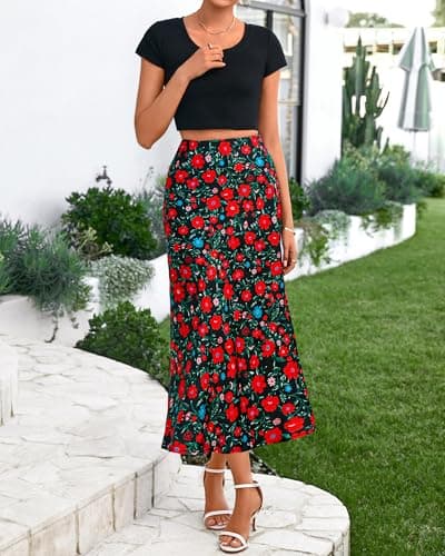 BTFBM Satin Skirts for Women Trendy Summer 2025 High Waisted A-Line Leopard Print Cocktail Wedding Long Silk Midi Skirt(Floral Black Red, Small) - Thumbnail 2