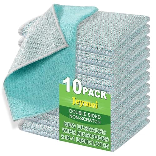 Jeymei 10counts Non Scratch Wire Dishcloth Multipurpose Wire Dishwashing Rag for Washing Dishes,Double Layer Microfiber Cleaning Cloth,Reusable Diamond Weave Steel Wool Scrubber Cloths,Blue - Image 1