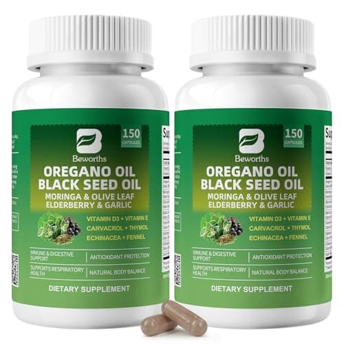 2PCS Oil of Oregano with Black Seed Oil - Oregano Oil Capsules Organic | Moringa, Garlic, Olive, Elderberry, Echinacea, Fennel - 95% High Carvacrol Oregano for Immune, Digestive Support - 300 Capsules - Image 1