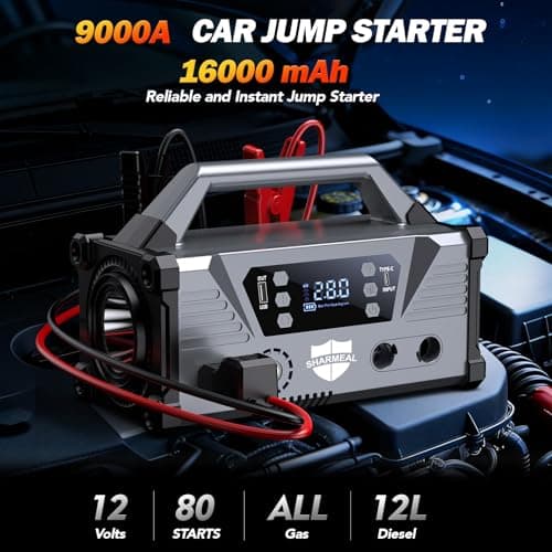 Sharmeal Jump Starter with Air Compressor，9000A Car Battery Jump Starter (All Gas/12.0L Diesel)，200PSI Car Battery Jumper Starter Portable 12V Jump Box with Jumper Cables, LED Light - Thumbnail 2