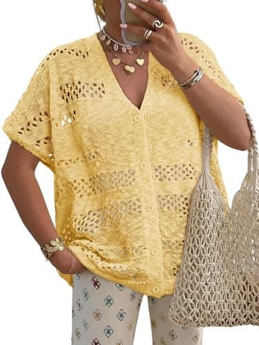 KISSMODA Yellow Short Batwing Sleeve Crochet Cardigan for Ladies Relaxed Fit Loose Boho Summer Farmer’s Market Layering Cardigan S - Image 1