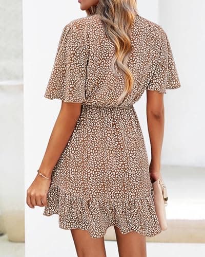 KIRUNDO Womens Summer Dresses 2026 Casual Spring Short Sleeve V Neck Ruffle Floral Print High Waist Belted Flowy Mini Dress(Coffee, X-Large) - Thumbnail 2