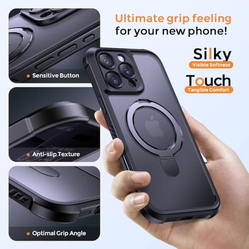 MOCCA Design for iPhone 16 Pro Max Case with Magnetic Invisible Stand [Full Camera Protection] [Compatible with Magsafe] Military Drop Shockproof Translucent Matte Phone Case Cover 6.9",Black - Thumbnail 6