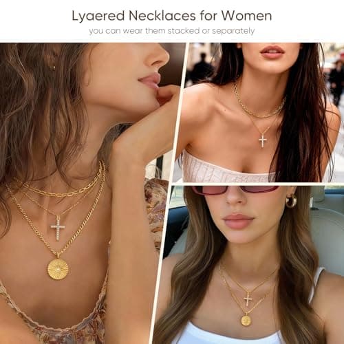 Gold Layered Necklace for Women - 3Pcs 18K Gold Plated Cross Necklaces, Stainless Steel Stackable Necklace Cuban Link Paperclip Chain Trendy Jewelry, Herringbone Choker Christmas Birthday Gift for Her - Thumbnail 3