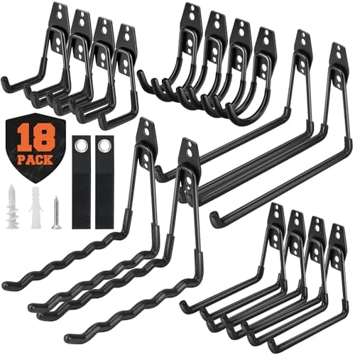 Nacial 18 Pack Garage Hooks Heavy Duty, Utility Steel Garage Storage Hook with 2 Storage Straps, Utility Garage Wall Mount Hooks for Hanging Bike, Ladder and Garden Tools, Perfect for Father Day Gifts - Image 1