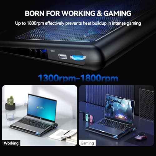 TECKNET Laptop Cooling Pad - 12"-15.6" Laptops Cooler, Powerful Cooler and Ultra Quiet for Gaming Laptops Pad, 2 Wind Speed Adjustable, USB A & C Powered Cooler Stand with Laptop Fan LED (Blue) - Thumbnail 3
