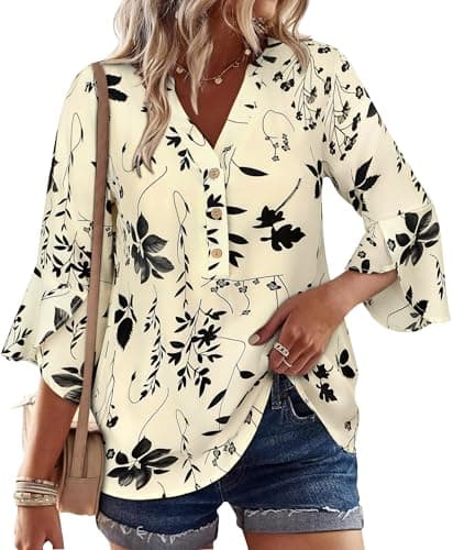 LOOKBOHO Womens Boho Tops 3/4 Sleeve Floral Blouses Casual Dressy Button V-Neck Floral Work Business Shirts Black XXL - Image 1